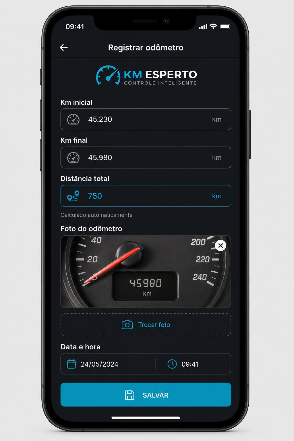 Tela de registro de odômetro no celular